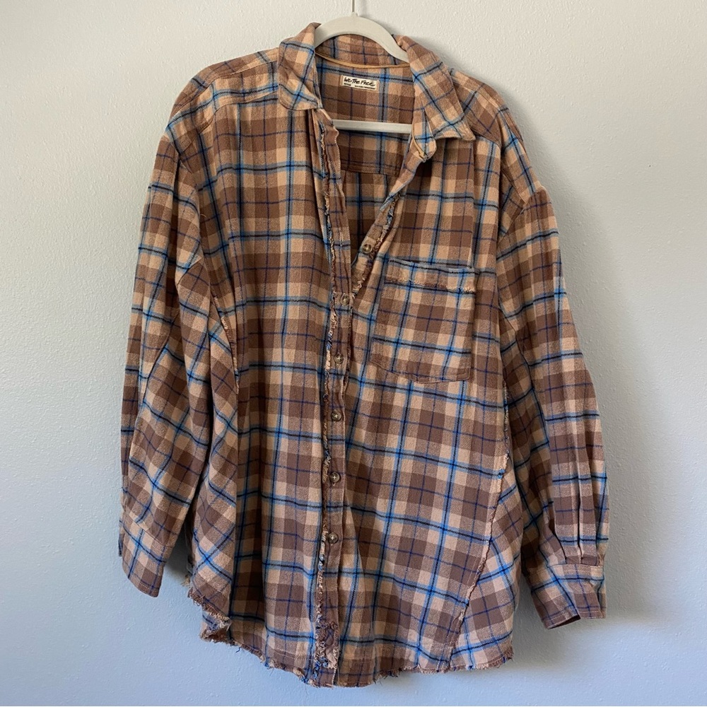 Free People Happy Hour Plaid Shirt in Tan Size M LIKE NEW